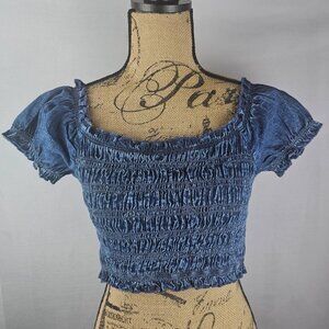 American Eagle Blue Smocked Cap Sleeve Stretchy Crop Top Size Small